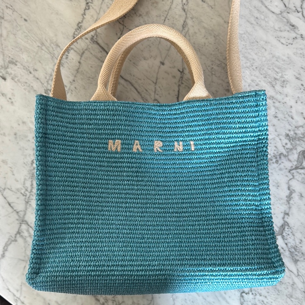 Marni Raffia Small Tote, Turquoise